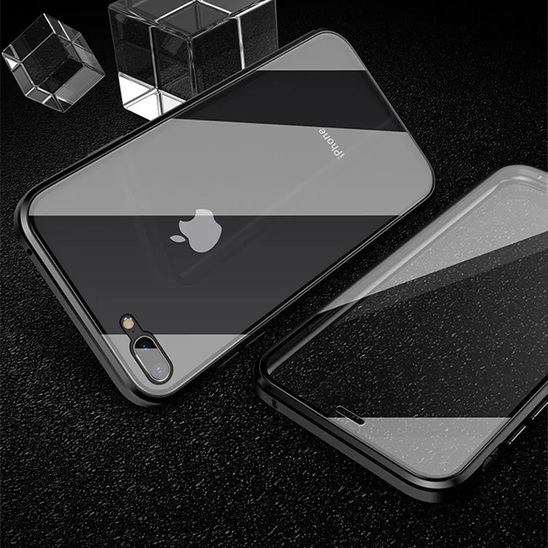 Black Чехол для Телефона iPhone 7 8 Plus Магнитный чехол стеклянный магнит Адсорбция чехол для iPhone 6 6s Plus Передняя и задняя стеклянная крышка оболочка - Цвет: Black