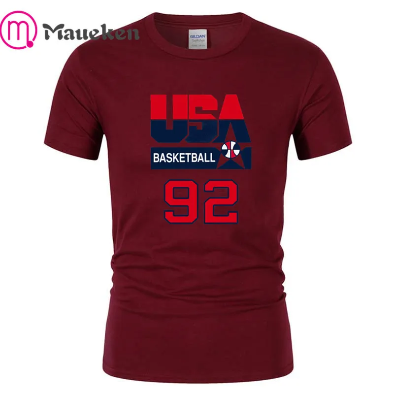 WINE RED США DREAM TEAM 92 футболки Для мужчин короткий рукав хлопок, футболки с о-образной горловиной для jordan, пайппен птица Ewing вентиляторы подарок - Цвет: WINE RED