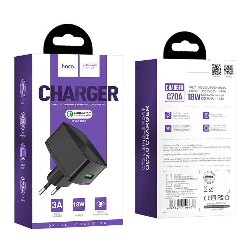 Hoco QC3.0 2.0 EU Phone Charger For Samsung S20 S21 Plus 18W Fast Charging Adapter For Xiaomi Poco X3 F3 USB Travel Wall Charger