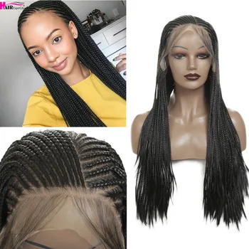 

32inch Long Braided Wig Box Braid Hair Synthetic Lace Front Wig For African Women Heat Resistant Wig Black Color Hair Expo City