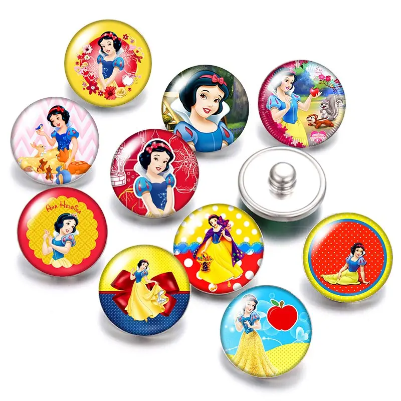 

DB0478 New Princess Snow White 18mm snap buttons 10pcs mixed round photo glass cabochon style for snap button jewelry