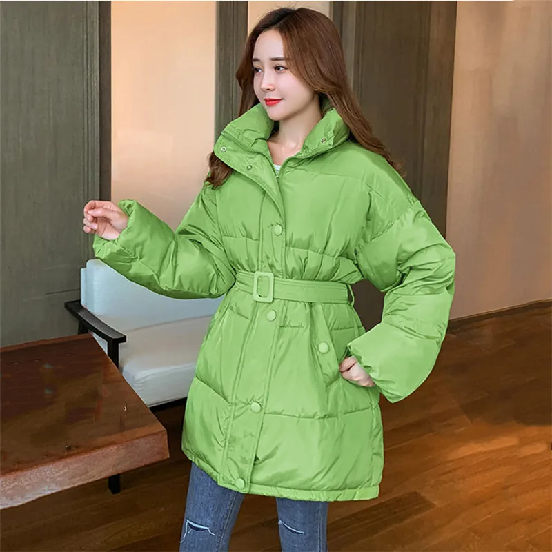 

2019 New Korean Winter Down Cotton Jacket Mid-length Loose Warm Coat Fashion Stand Collar Single-breasted With Belt Parkas YH656