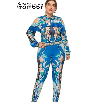 

2019 Long Sleeve Autumn Winter Tracksuit Women Print Two 2 Pieces Set Casual Fashion Off Shoulder Long Pant Set Outfit Plus Size