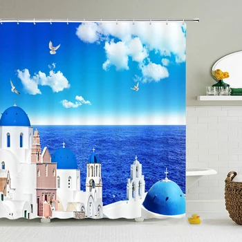 

Mediterranean Ocean Beach Shower Curtains Tropical Plants Sea Shell Bathroom Waterproof Polyester Home Bath Curtain with 12 Hook