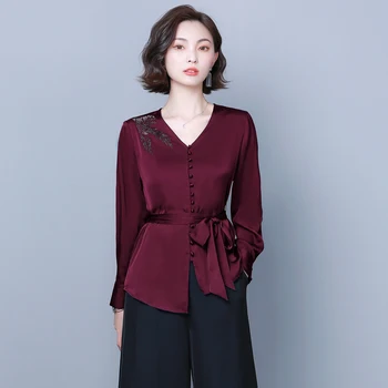 

COIGARSAM 4XL Plus Size Full Sleeve Shirt Womens tops New Spring Belt V-Neck Women shirts Blue Wine Red 8755