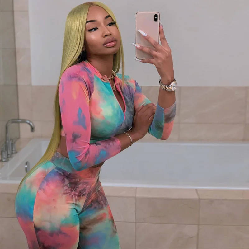 

Tye Die Fitness Active Wear Women Matching Sets Sporty Workout Two Piece Tracksuits Long Sleeve Top and Leggings Set Outfits