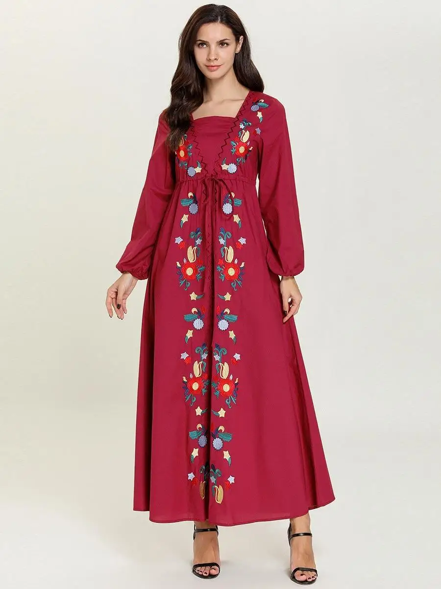 Abaya/длинное женское платье макси с вышивкой и пышными рукавами, мусульманское винтажное этническое платье, Дубай Арабский Свободное платье, модное