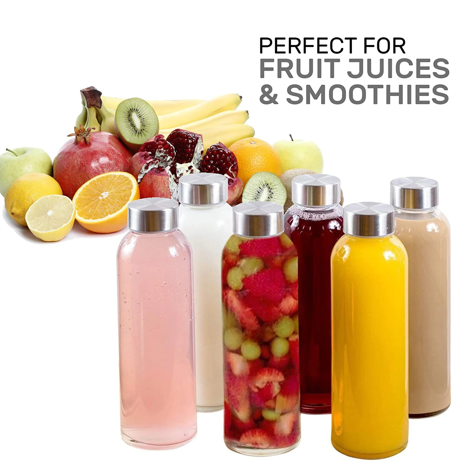 Glass Water Bottles Set Of 3 - 18 Oz Reusable Juice Bottles With Leakproof Lids