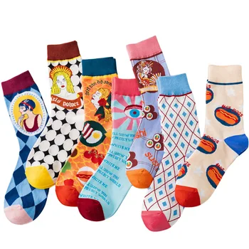 

One Pair Couple Socks Middle Tube Men's And Women's Socks Colleage Style Creative Painting Socks Happy Funny Socks Crew Socks Ca