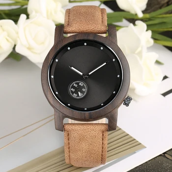 

Wood Watch Men's Small Seconds Dial Design Ebony Wooden Men Watch Leather Watchband Quartz Analog Wristwatch Clock Hour for Men
