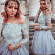 Короткое платье с открытыми плечами, платье для выпускного вечера, длина до колена, длинный рукав, аппликация, Тюлевое платье трапециевидной формы, вечерние платья для особых случаев