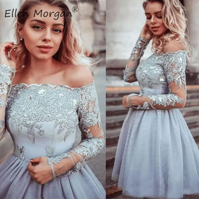 

Short Off Shoulder Homecoming Dress Knee Length Long Sleeve Applique A Line Tulle Formal Girls Special Occasion Party Gowns 2019