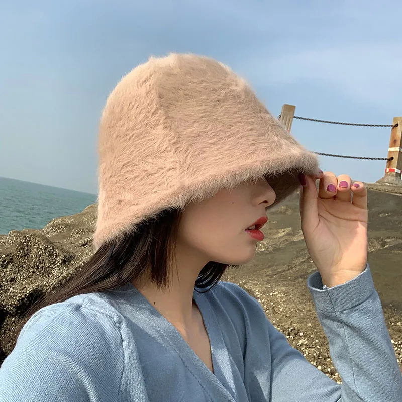 Women's Winter Fashion Solid Color Rabbit Fur Knitted Bucket Hat
