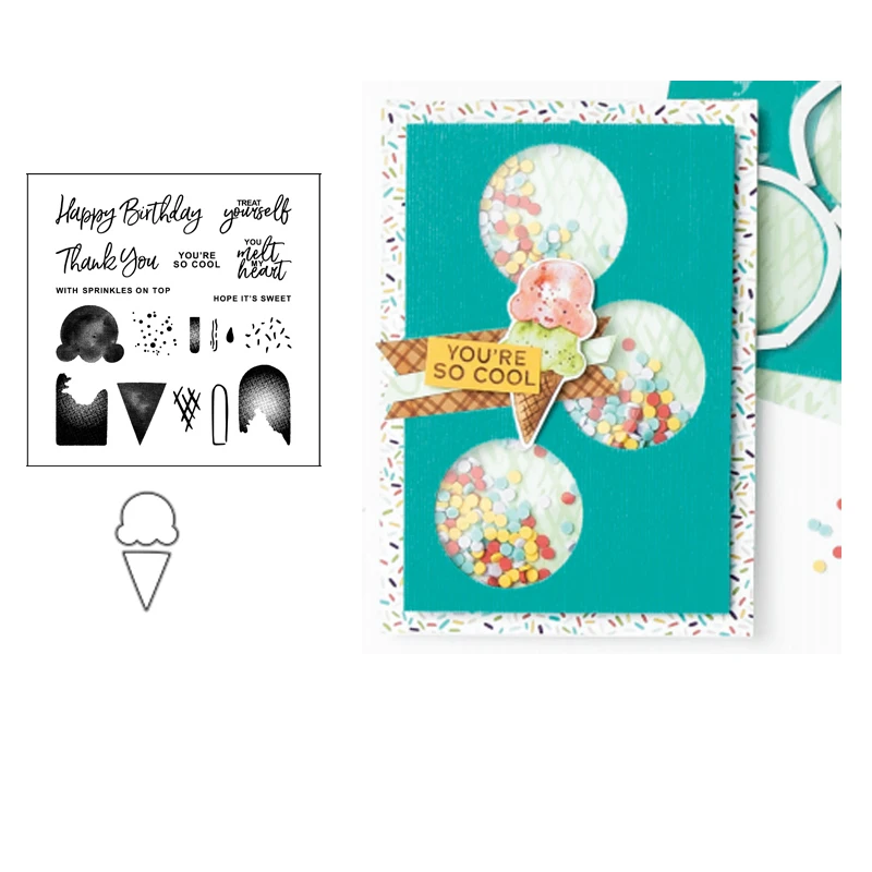 Doce sorvete de corte de metal dados e selos claros estênceis para diy scrapbooking álbum foto gravação de corte de natal dados