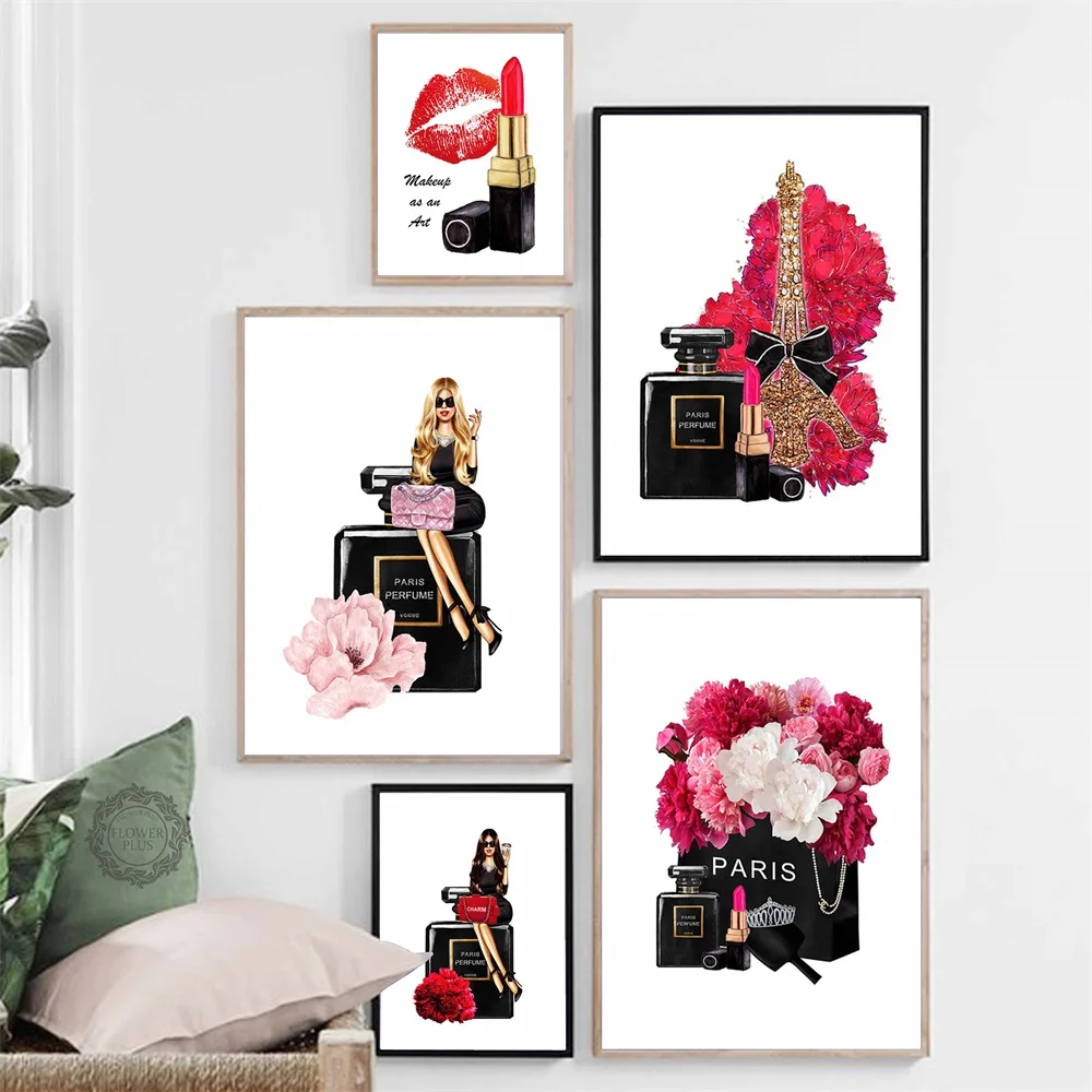Мода девушка Парижа Парфюмированная помада настенные цветок холст живопись плакаты на скандинавскую тему и печать, Картина Настенная для декора гостиной