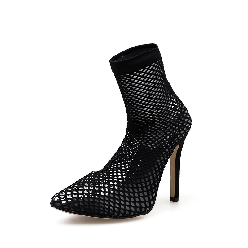 CJDLY/ г. Модные прозрачные черные ботинки из сетчатой ткани, стелька из эластичной ткани женские ботильоны с острым носком на тонком каблуке большой размер 41, 42 - Цвет: Black