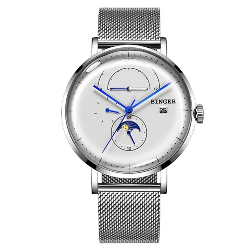 Швейцарские BINGER часы для мужчин автоматические механические Роскошные Брендовые мужские часы водонепроницаемые relogio masculino reloj часы полностью из стали - Цвет: Silver white B8610