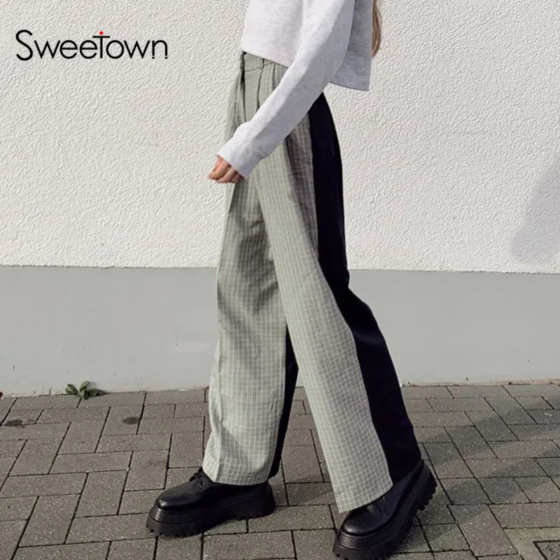 Sweetown Harajuku Patchwork Loose Pants Streetwear High Waist Women Wide Leg Pantalon Femme Korean Fashion Outfit Trousers
