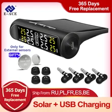 E-ACE tpms carro monitor de alarme pressão dos pneus sistema carregamento energia solar sensor segurança automática display digital aviso temperatura