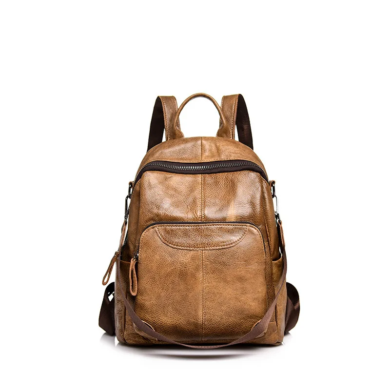 luxury genuine leather backpack women casual cow leather backpacks for travel gray ladies shoulder bag - Цвет: Brown