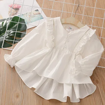 2020 Spring Autumn Fashion 2 3 4 6 8 10 Years Kids Cute Long Trumpet Sleeve V-Neck Cotton White Blouse Shirts For Baby Girls 1