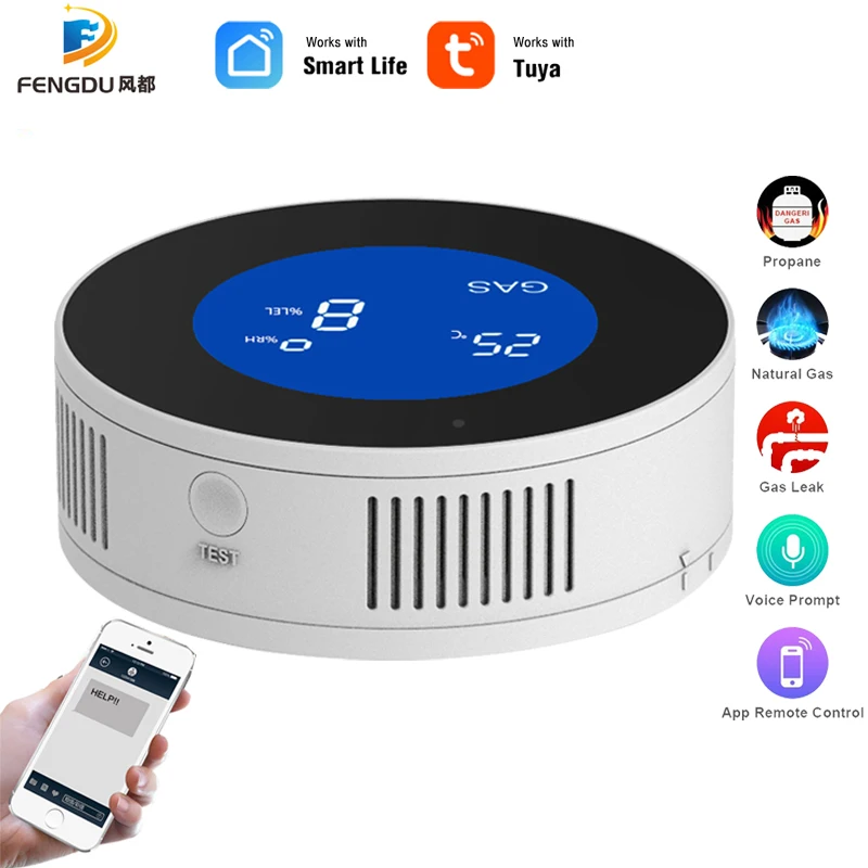 LCD display Tuya WiFi GAS LPG Leak Sensor alarm Fire Security detector APP Control home Safety smart Temperature monitoring