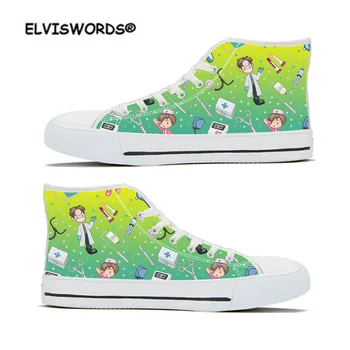 

ELVISWORDS Women's Nursing Shoes Flats Canvas Cute Nurse Pattern High Top Spring Ladies Canvas Vulcanized Shoes Woman Zapatos
