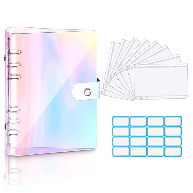 Cubierta de carpeta de cuaderno de PVC suave, carpeta de hojas sueltas de 6 anillos, sistema de sobre económico en efectivo con 8 Uds. De bolsillos de cremallera, A6