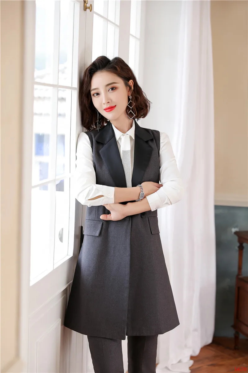 New Women Waistcoat Long Outerwear Jacket Black 2 Piece Pant and Vest Sets Office Ladies Business Suits