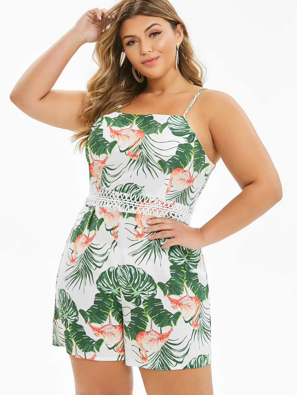 

Rosegal Plus Size Women Short Jumpsuits Summer Leaf Flamingo Print Cami Romper Vacation Casual Beach Spaghetti Strap Playsuit