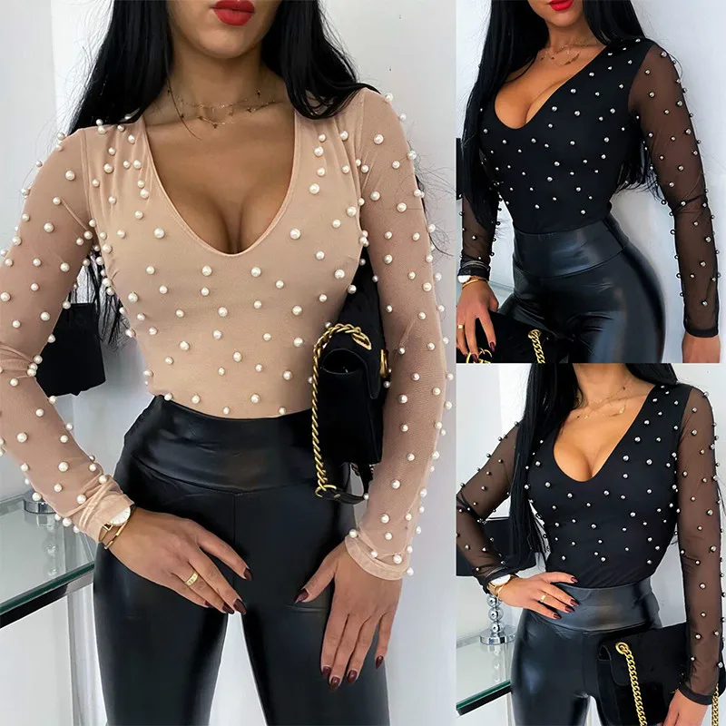 2020 Fashion Sexy Beading Mesh See Through Low Cut Skinny Long Sleeve Women Blouse Sexy Tops and Shirt Long Sleeve Women Shirt