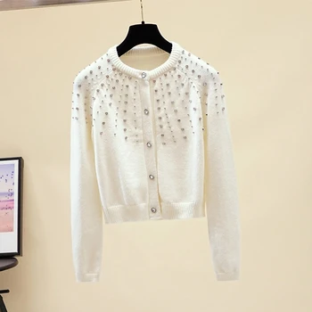 

Diamond Beading Long Sleeve Cardigan Black White Round Neck Sweater Women 2019 Autumn Winter New Short Elegant Button Sweaters