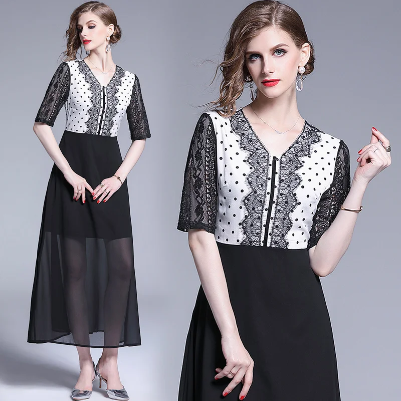 Шифон v-образным вырезом темперамент кружева сшивание волна сладкое элегантное платье для женщин