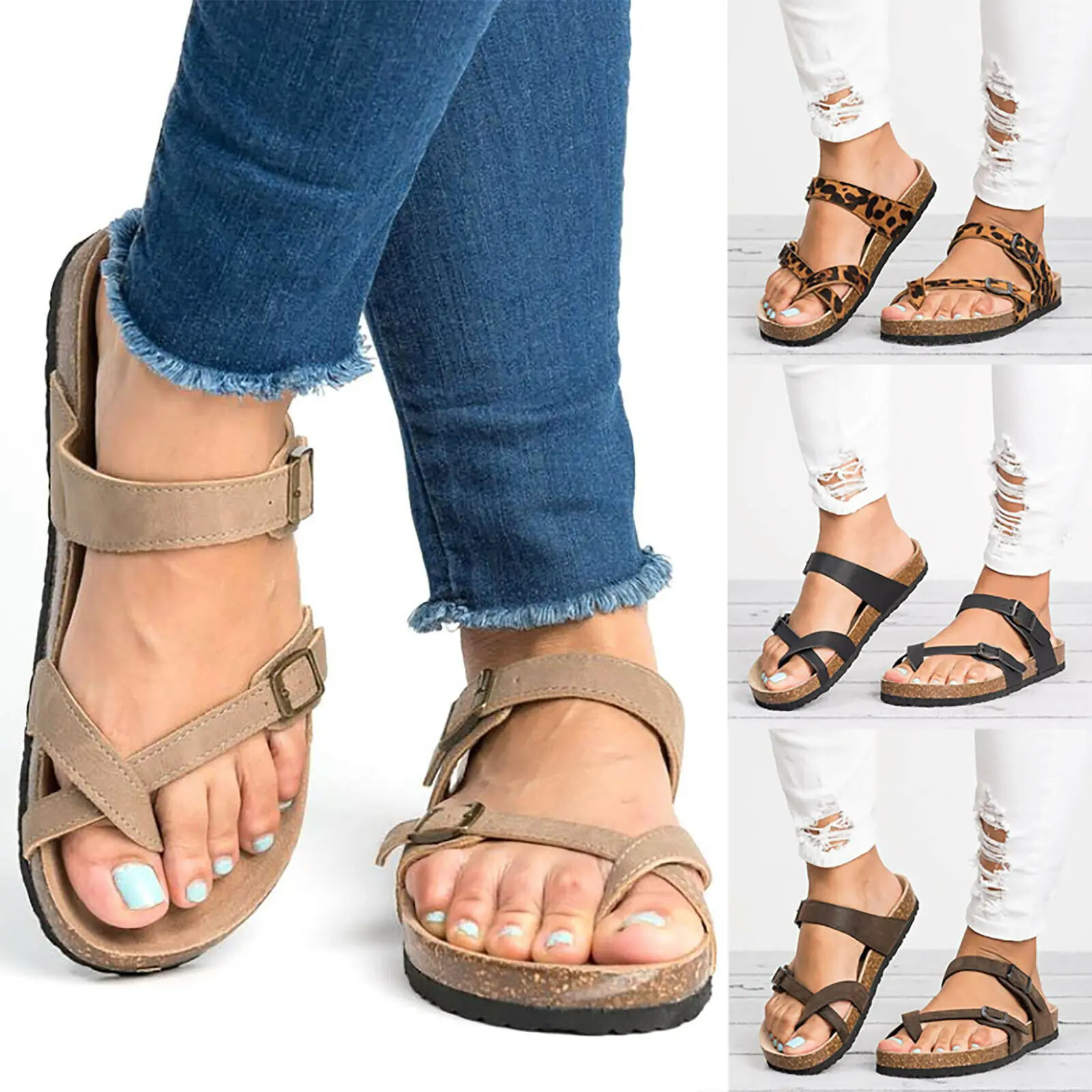WomensTStrapSlideBuckleCorkFootbedFlatBottomPlatformSandals