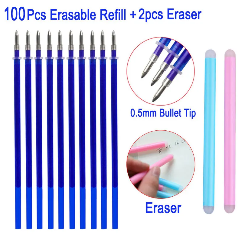 100Pcs/Set +2pcs Eraser Erasable Gel Pen Refill Rod Office School Writing Stationery 0.5mm Bullet Tip Erasable Pen Accessories