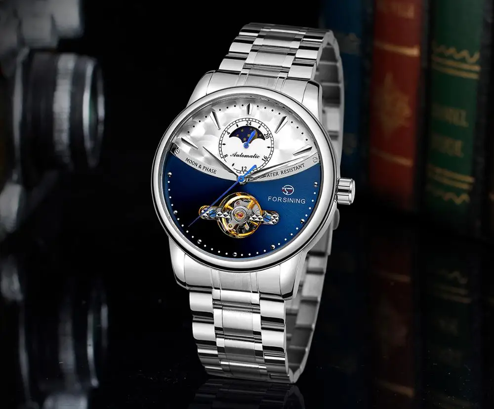 

Forsining Automatic Self-Wind Male Watch Sliver Dial Stainless Steel Casual Moonphase Gold Mechanical Tourbillon Men Clock Reloj