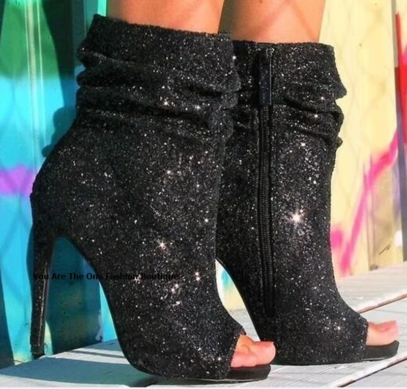 

Shiny crystal glitter thin high heeled platform boots women peep toe side zipper anke boots ladies stiletto heeled shoes size 46