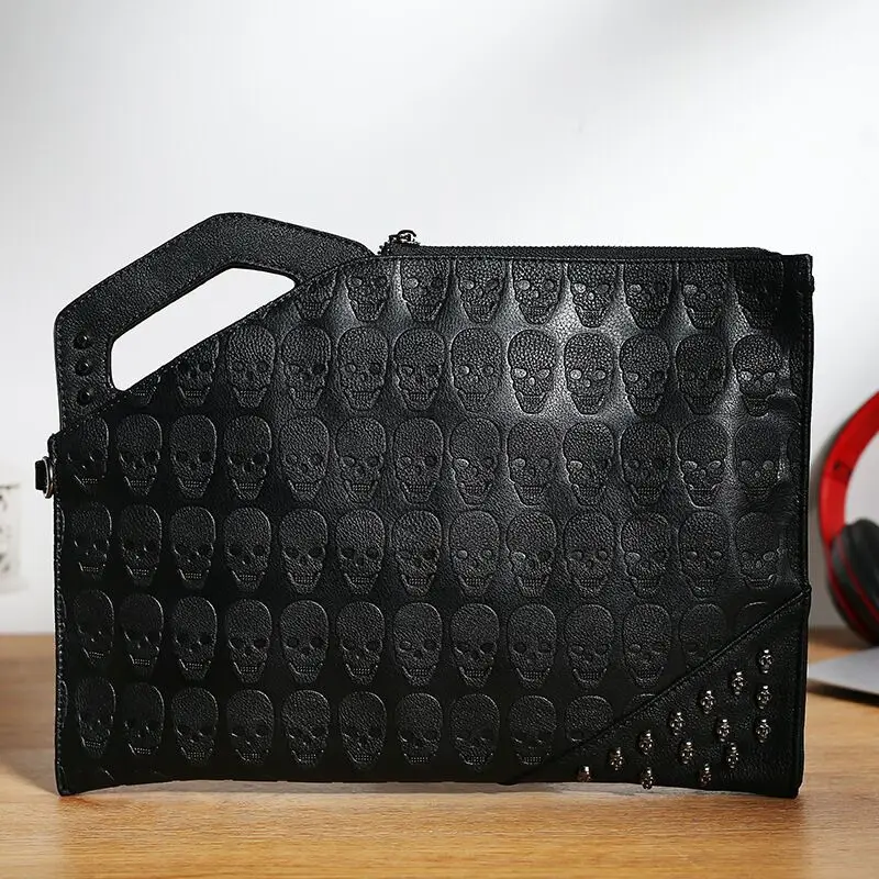 

New Fashion Rivets Handbag Men's Skull Clutch Envelope Bag Casual Purse Handbag for Male Shoulder Bag