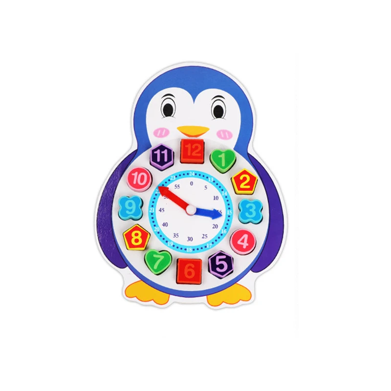 От 1 до 6 лет деревянные Мультяшные животные время когнитивные часы бусины будильник обучение маленьких детей цифровые развивающие игрушки - Цвет: penguin