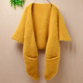 

ladies women fashion short crop top mink cashmere half sleeved loose cute cardigans mantle angora fur knitted jacket sweater