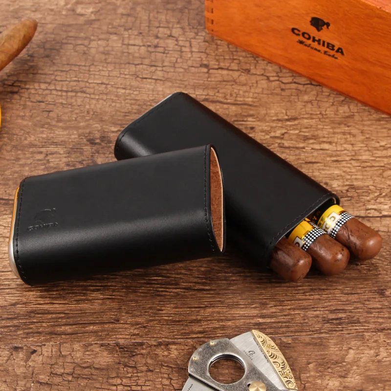 COHIBA Дорожный Чехол для сигар, портативный кожаный чехол для сигар, аксессуары для хьюмидора, кедра, дерева, уличная коробка для сигар для 3 кубинских сигар W/Подарочная коробка