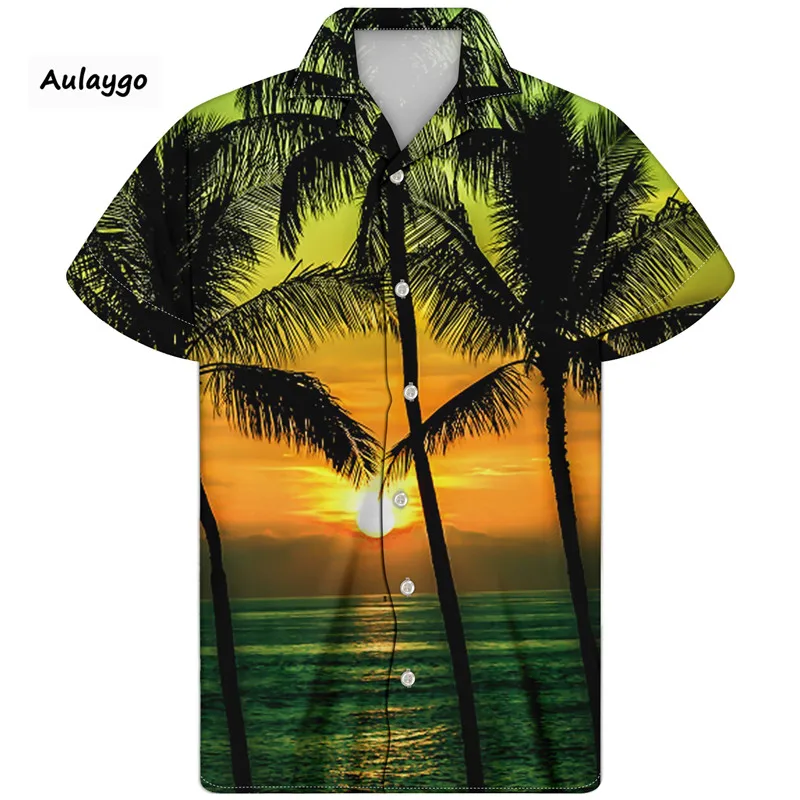 

Hawaiian Shirt Coconut Tree Pineapple Print Men Cuban Guayabera Shirt Short Sleeve Turn-down Collar Summer Clothing 2020 Koszula