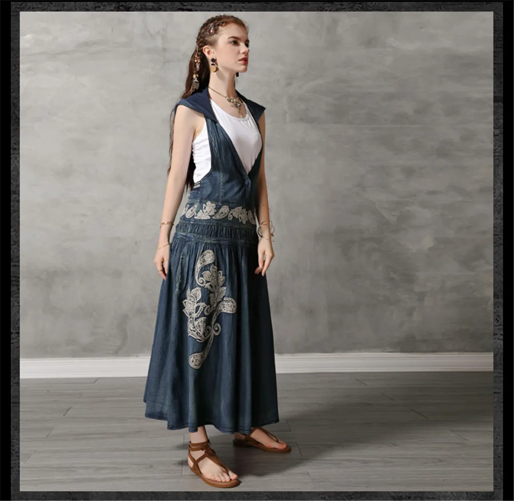 Vintage Hooded Women Dress 2019 Summer Denim Dresses Embroidery V-Neck Loose A-line Long Vestidos Femininas Woman Dress 82109 (9)