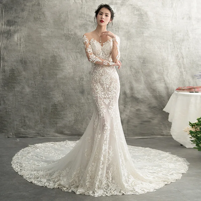 

vestidos de novia Champagne Mermaid Wedding Dresses Long Illusion Neck 2019 Robe de mariee Vintage Lace Floral Bridal Gown