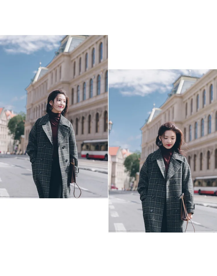 Vintage Plaids Clothes Loose Woollen Coat Women's New Checked Coat Baggy Silhouette Overcoat Tweeds Winter female Outerwear
