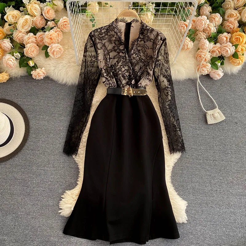 dresses for women 2020 autumn false two-piece long sleeve sexy V neck dress lace party dress elegant black dress vestidos