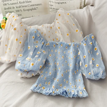 

Mesh Daisy Printed Short Blouse Women 2020 Summer Short Puff Sleeve Slashe Neck Folds Shirt Fenale Pullover Tops