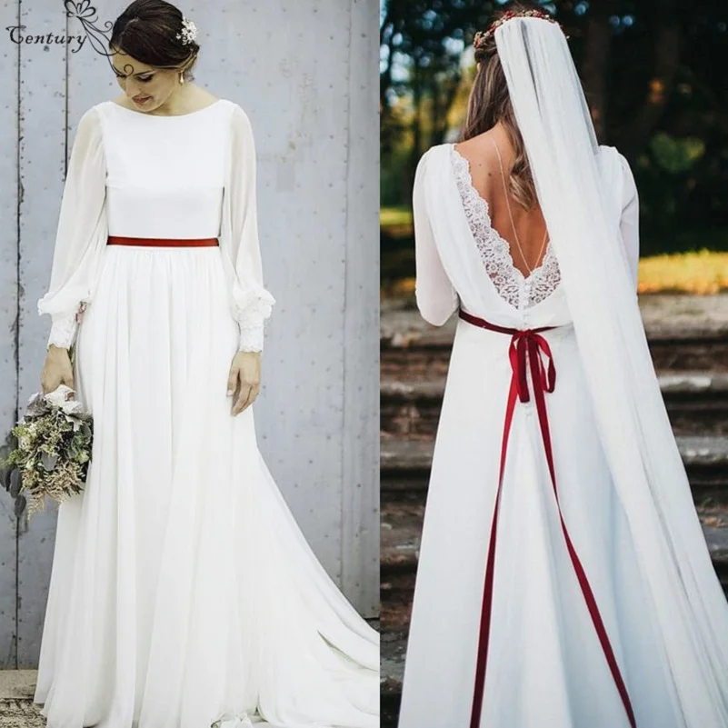 Без спинки Boho свадебный наряд с длинными рукавами Кружева Аппликации Пояса шифон пляжные свадебные платья платье невесты Vestido De Noiva
