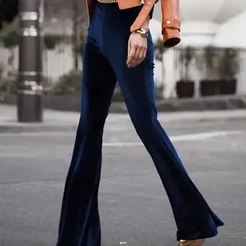 

Women Chic Solid Color High Waist Elastic Waistband Velvet Bell-bottom Trousers