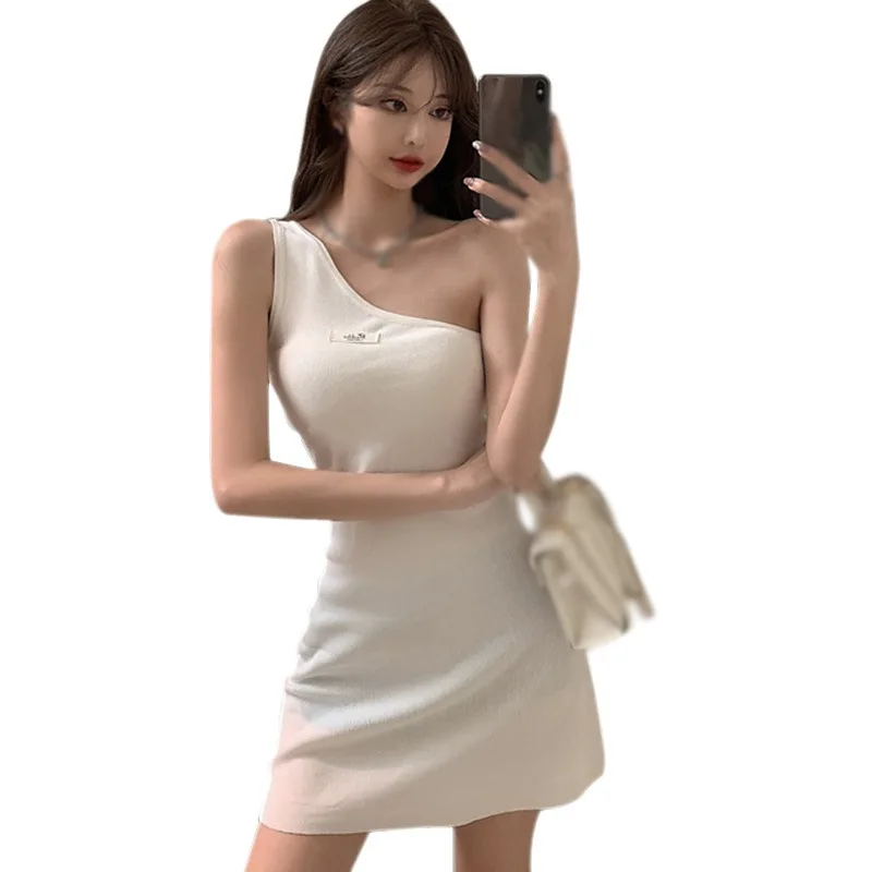 

Women Irregular Diagonal Collar Slim Sexy Sleeveless Dresses Summer Casual Vestidos New